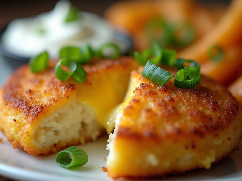 Crispy potato patty with cheesy center and dipping sauces