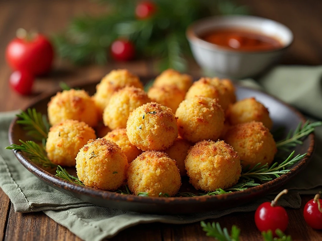 Golden mashed potato stuffing balls served with gravy and cranberry sauce