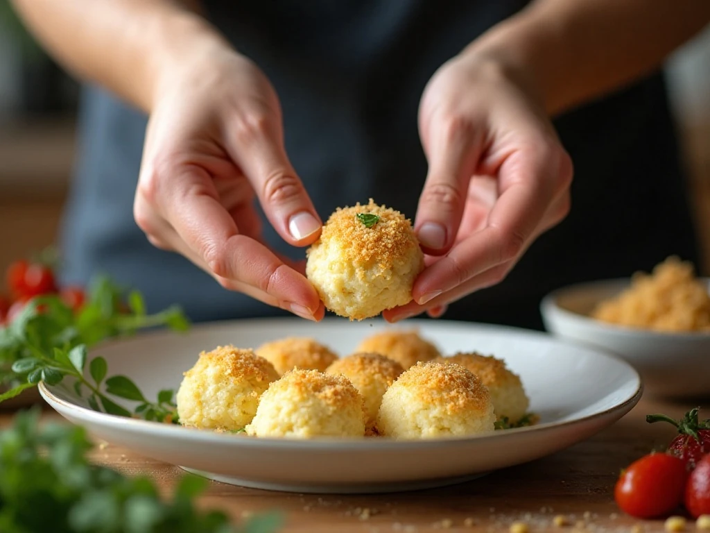 Shaping mashed potato stuffing mixture into balls before coating