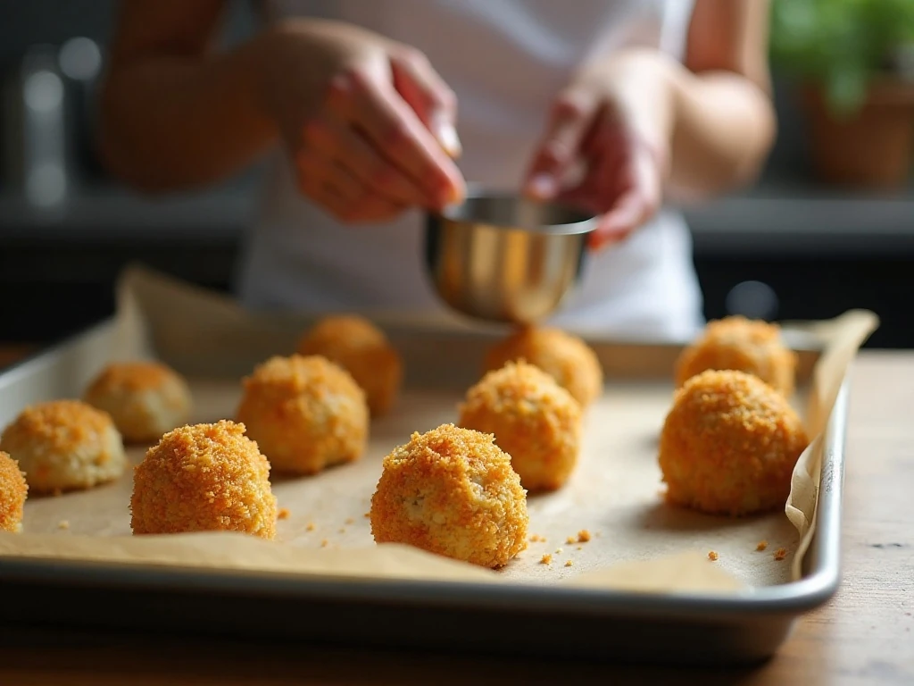 Panko-coated stuffing balls ready to bake on a parchment-lined sheet