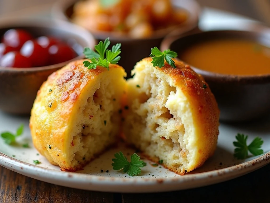 Close-up of a crispy stuffing ball with tender potato center