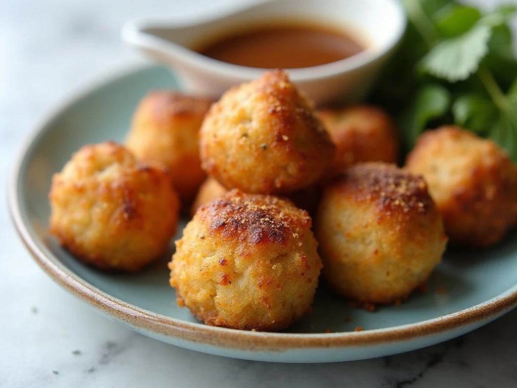 Reheated mashed potato stuffing balls served with warm gravy