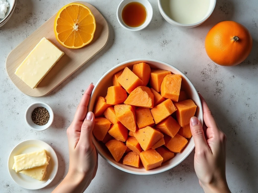 Ingredients for creamy mashed sweet potatoes arranged on a kitchen table