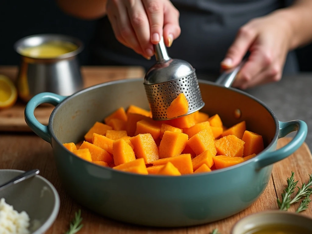 Mashing tender sweet potatoes with warm butter and cream