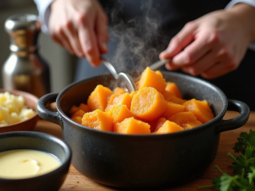 Drained sweet potatoes and warm dairy prepared for a creamy texture