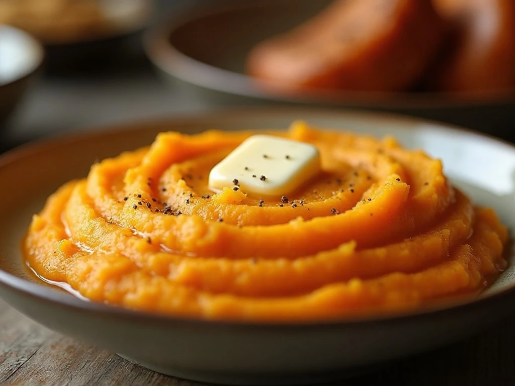 Close-up of creamy mashed sweet potatoes with butter and pepper