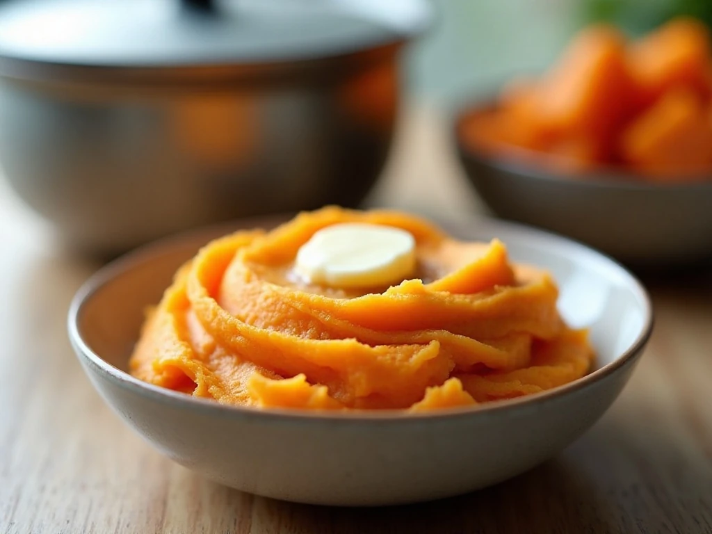 Reheated creamy mashed sweet potatoes ready to serve