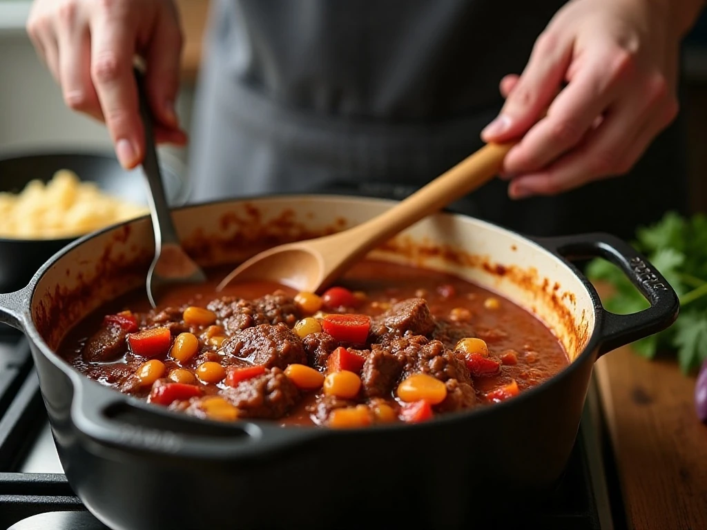 Cooking meat and vegetables for homemade chili