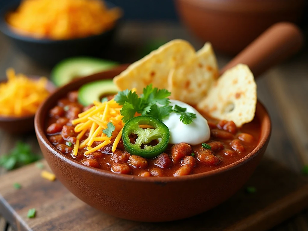 Chili toppings including cheese, sour cream, jalapenos, and herbs