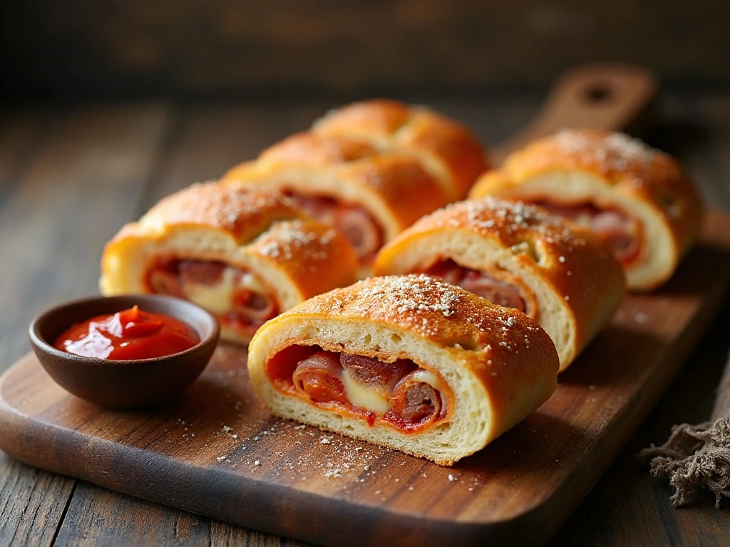 Slices of meat-lovers stuffed pizza bread with melted cheese and savory meats