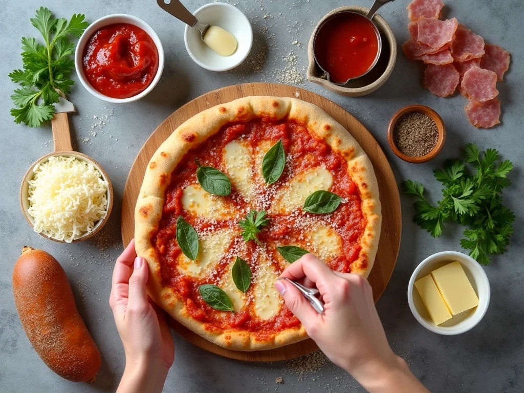 Ingredients for meat-lovers stuffed pizza bread arranged for cooking