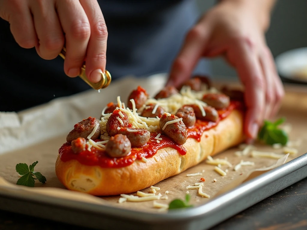 Stuffing a hollowed loaf with pizza sauce, meats, and cheese