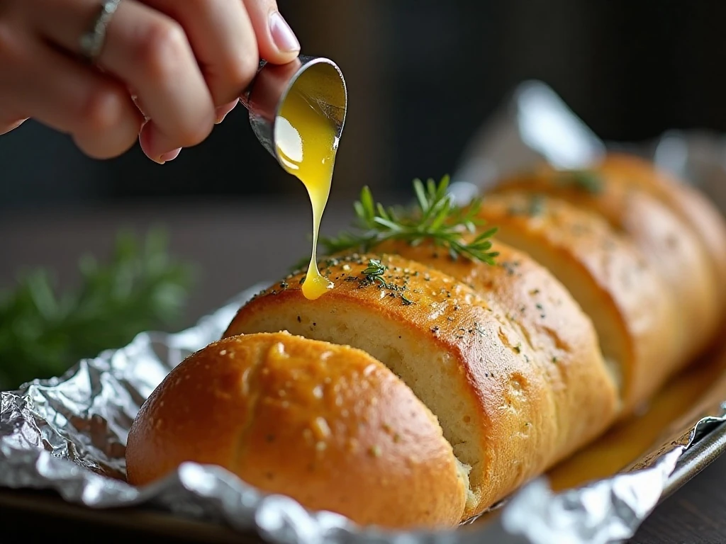 Brushing garlic Italian butter over stuffed pizza bread before baking