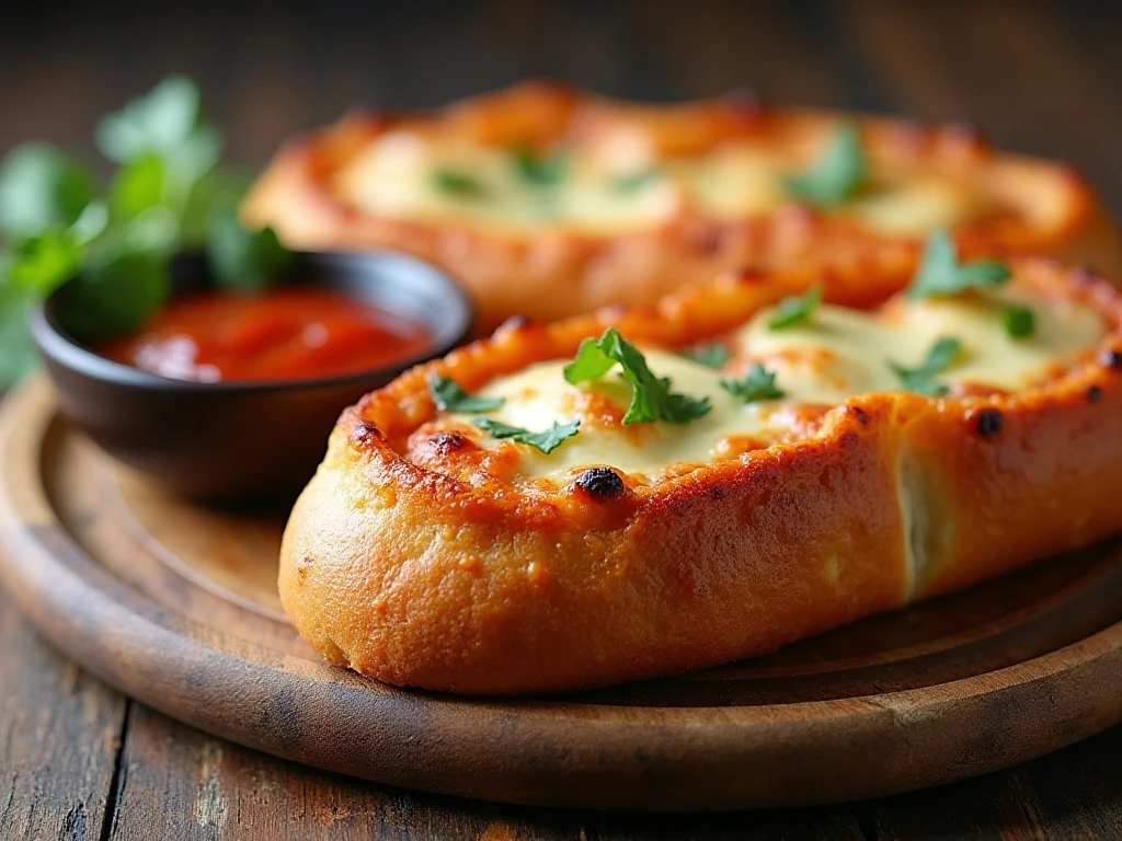 Reheated stuffed pizza bread slice with parsley and pizza sauce