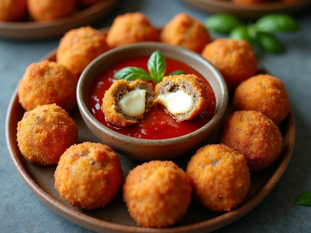 Golden cheesy meatball bombs served with marinara sauce