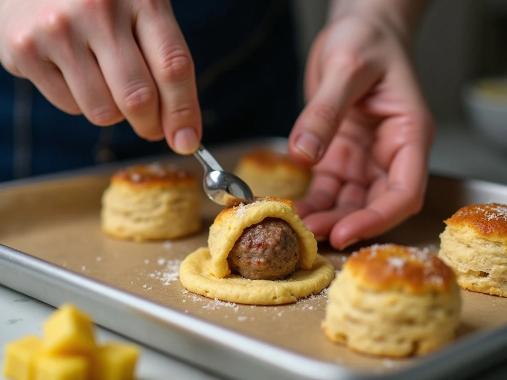 Wrapping meatballs and mozzarella in biscuit dough