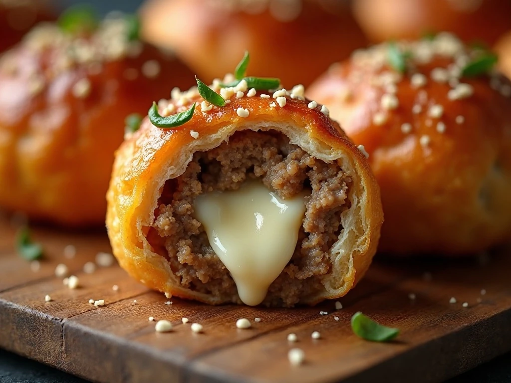 Close-up of a golden garlic Parmesan meatball bomb
