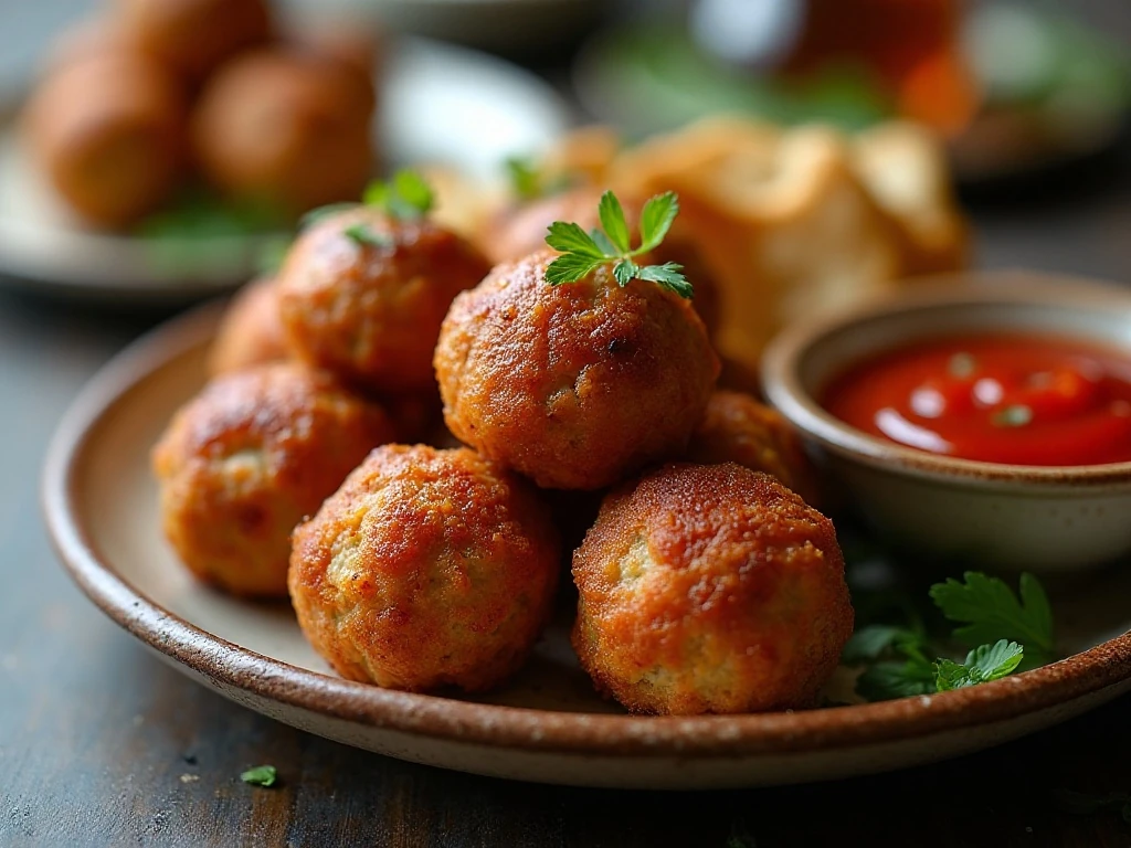 Meatball bombs arranged on a party platter with marinara