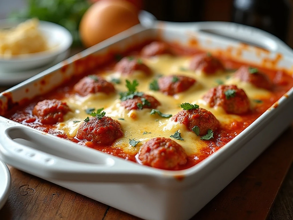 Golden meatball sub bubble-up bake served in a casserole dish