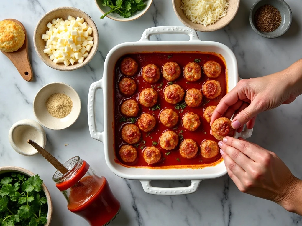 Ingredients for an easy meatball sub bubble-up bake