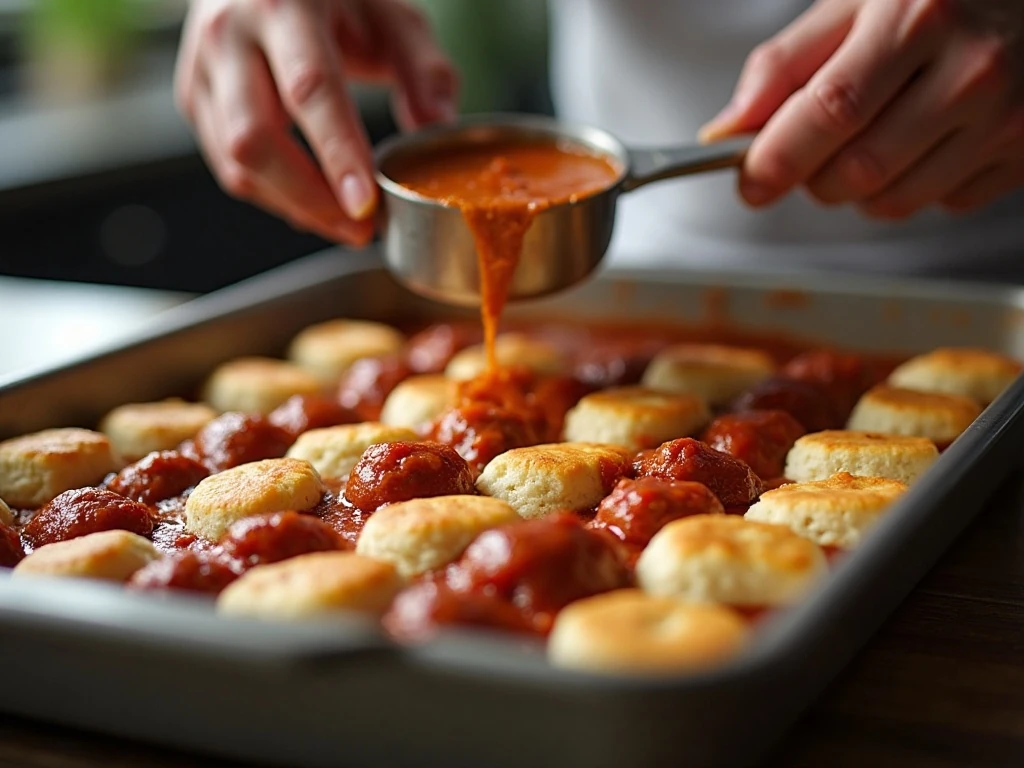Biscuit pieces arranged over saucy meatballs before baking
