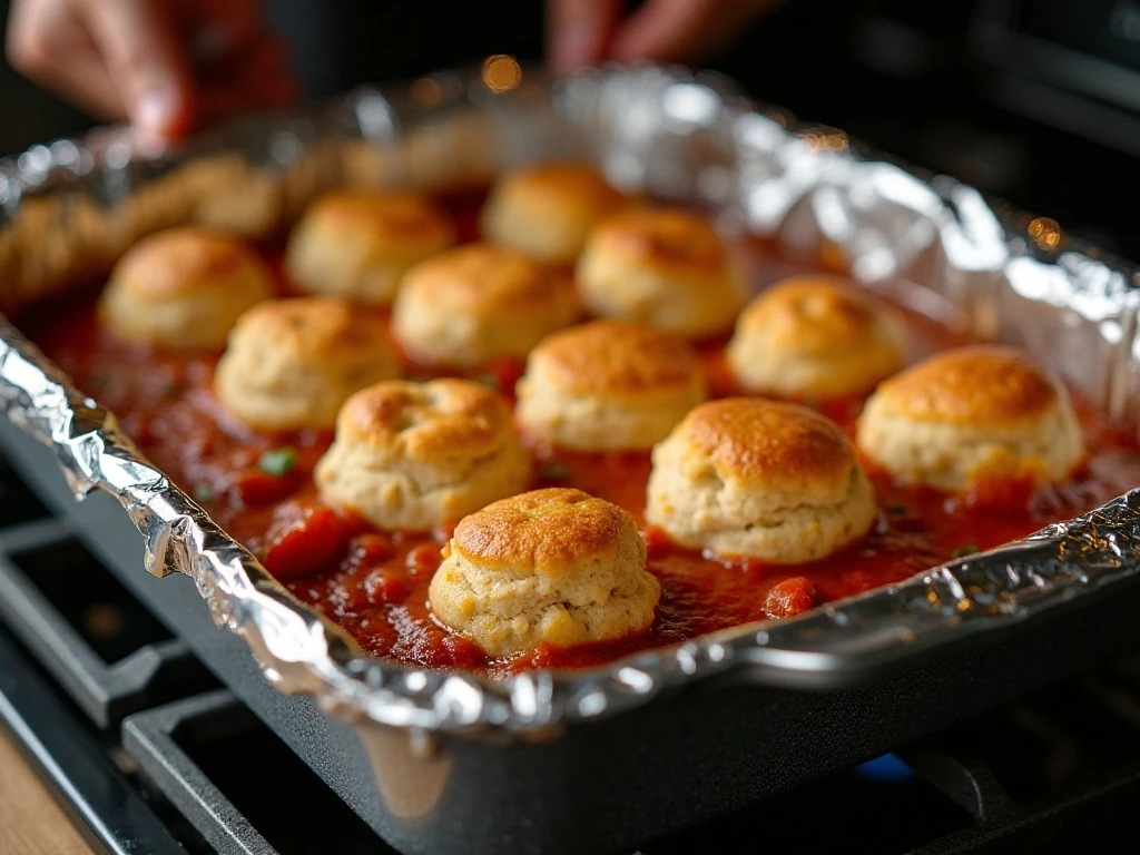 Golden biscuit pieces baking over meatballs and marinara