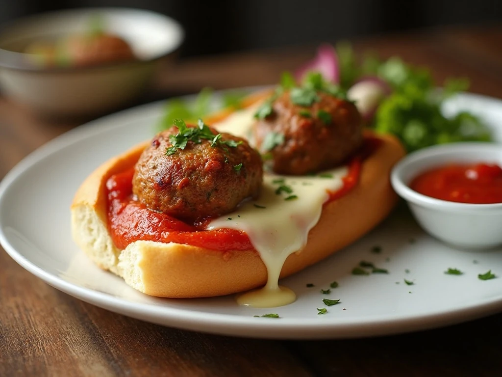 A serving of cheesy meatball sub bubble-up bake with salad