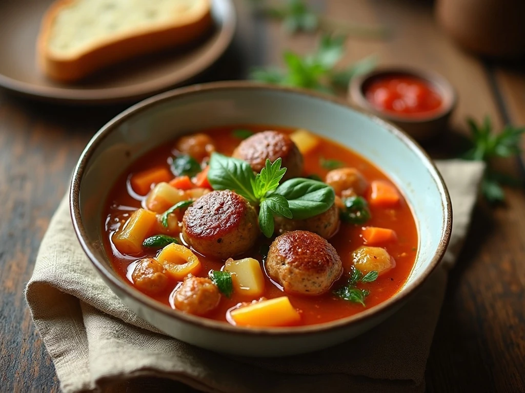 Homemade meatball vegetable soup served for a comforting dinner