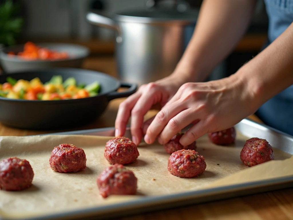 Shaping homemade meatballs for vegetable soup