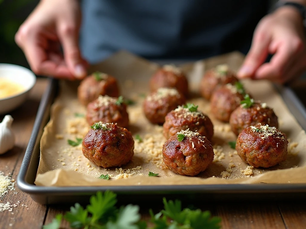 Freshly baked tender beef meatballs for soup