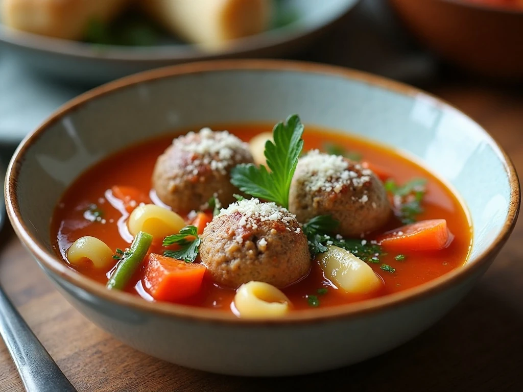 A bowl of reheated meatball vegetable soup with parsley and Parmesan