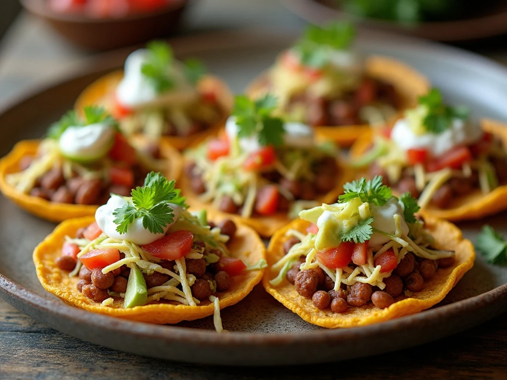 Platter of colorful meatless baked tostadas with fresh toppings