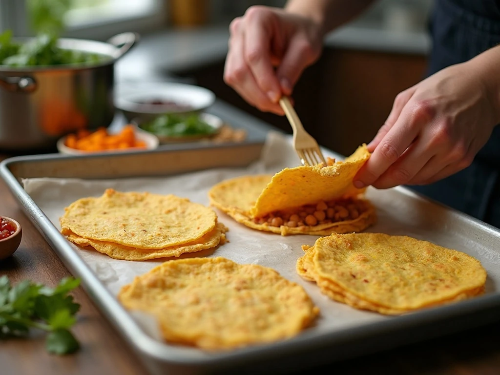 Baking corn tortillas and preparing vegetarian refried beans for tostadas