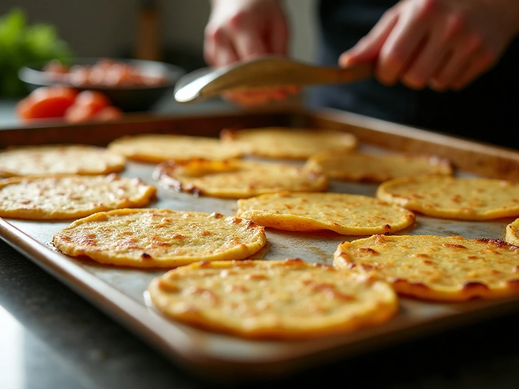 Crisp golden corn tortillas baking for tostadas
