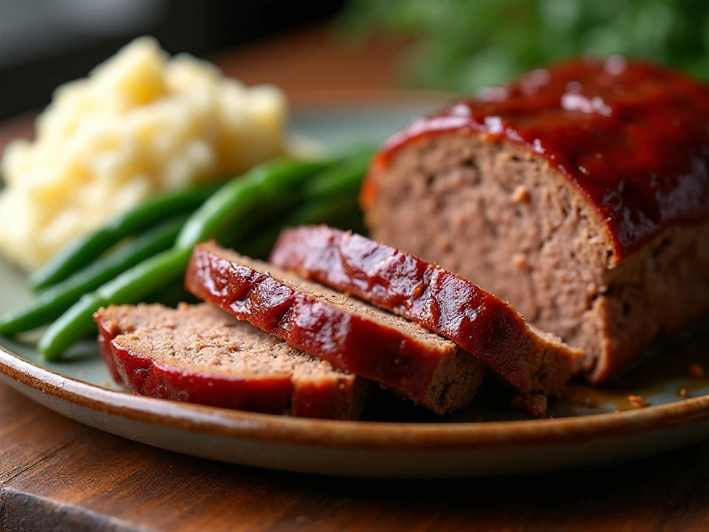 Tender glazed meatloaf served with mashed potatoes and green beans