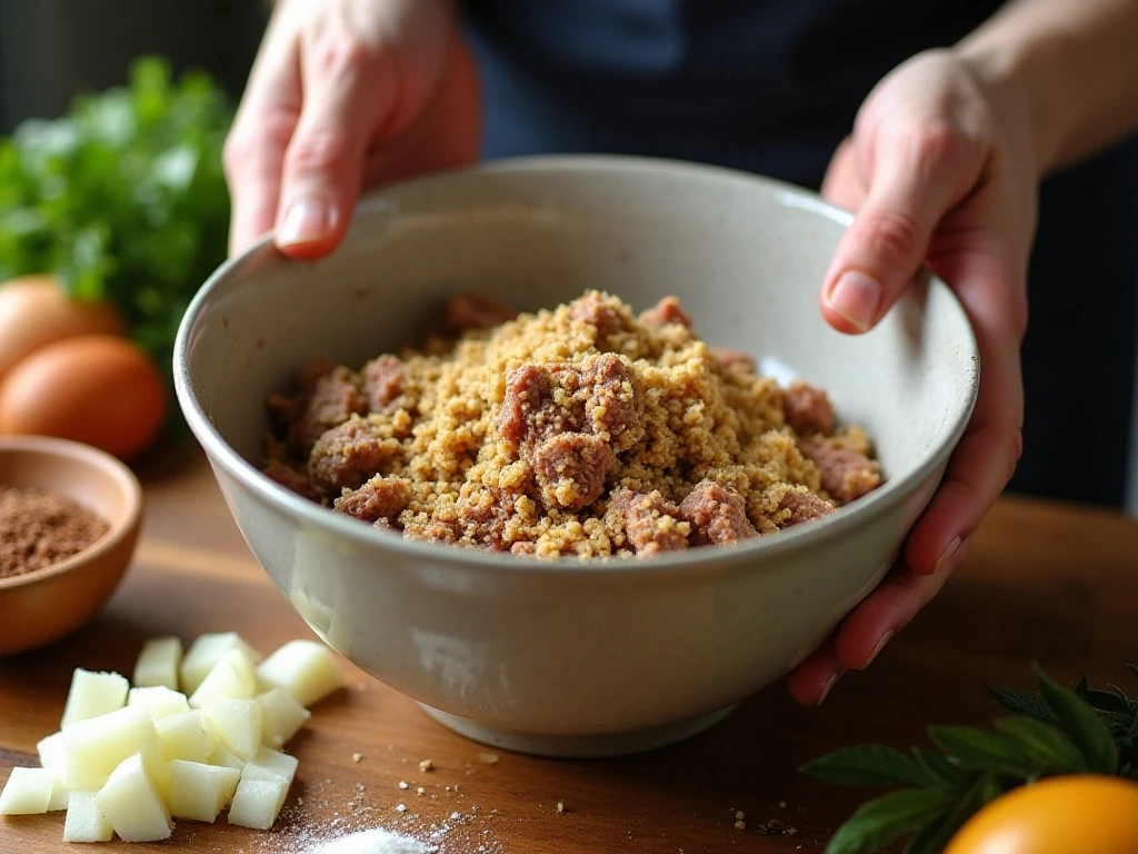Preparing the tender meatloaf mixture with breadcrumbs and milk