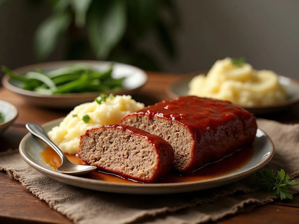 Juicy no-breadcrumb meatloaf served with mashed potatoes and green beans