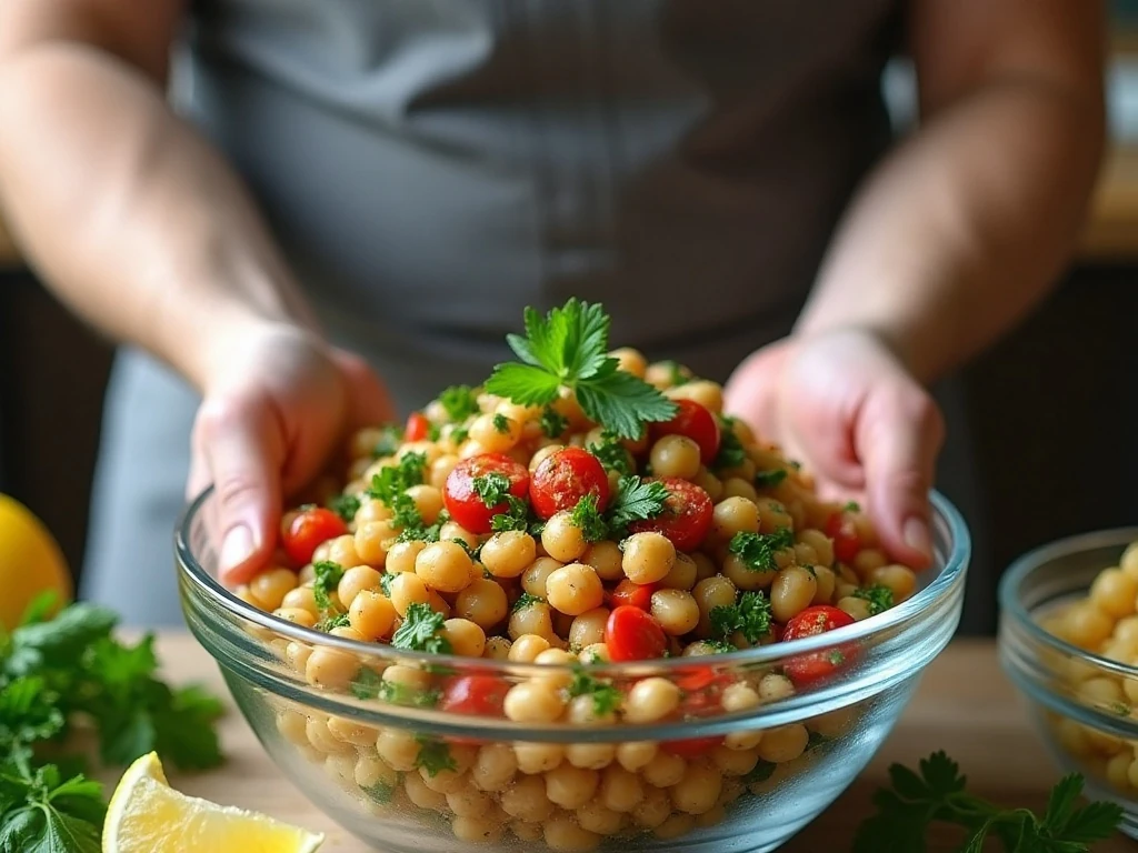 Bean salad ingredients being gently tossed with dressing