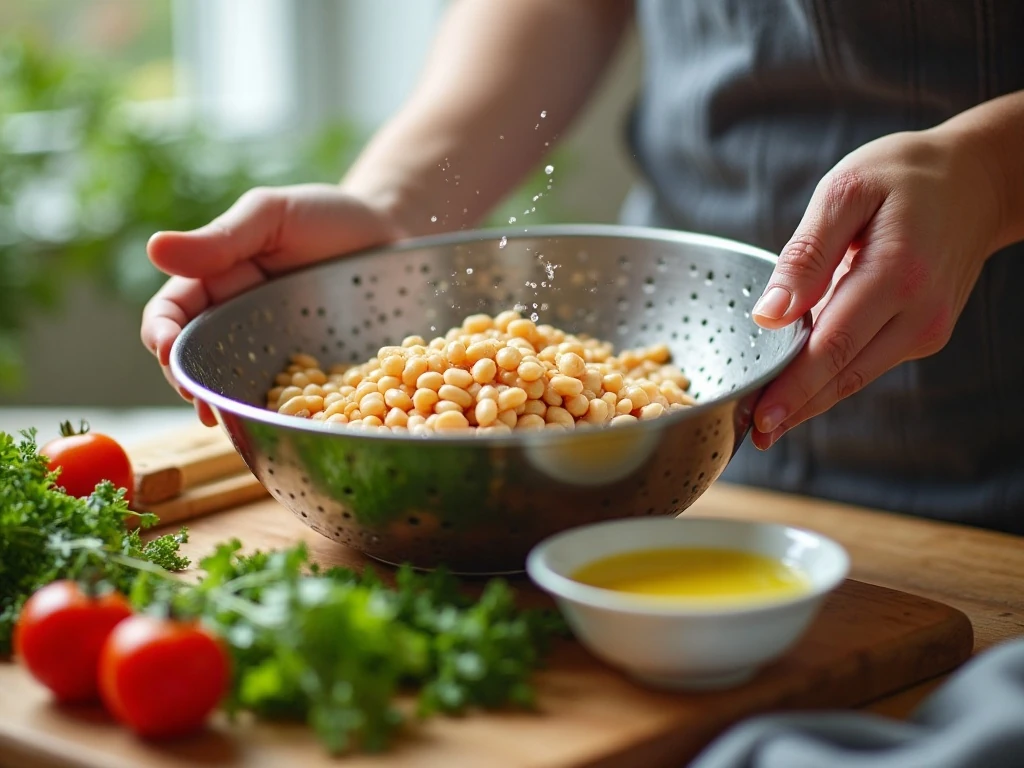 Rinsed beans and lemon dressing prepared for bean salad