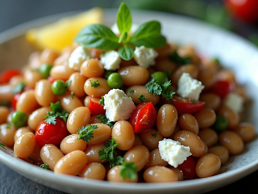 Mediterranean bean salad garnished with feta, parsley, mint, and lemon