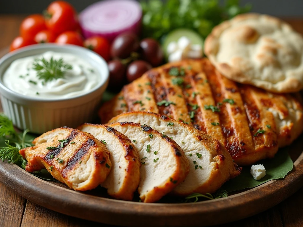 Mediterranean grilled chicken served with dill yogurt sauce and fresh vegetables