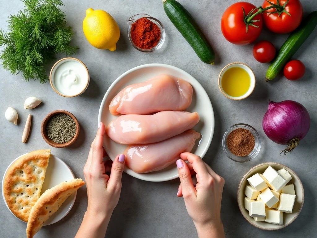 Ingredients for Mediterranean grilled chicken with dill yogurt sauce