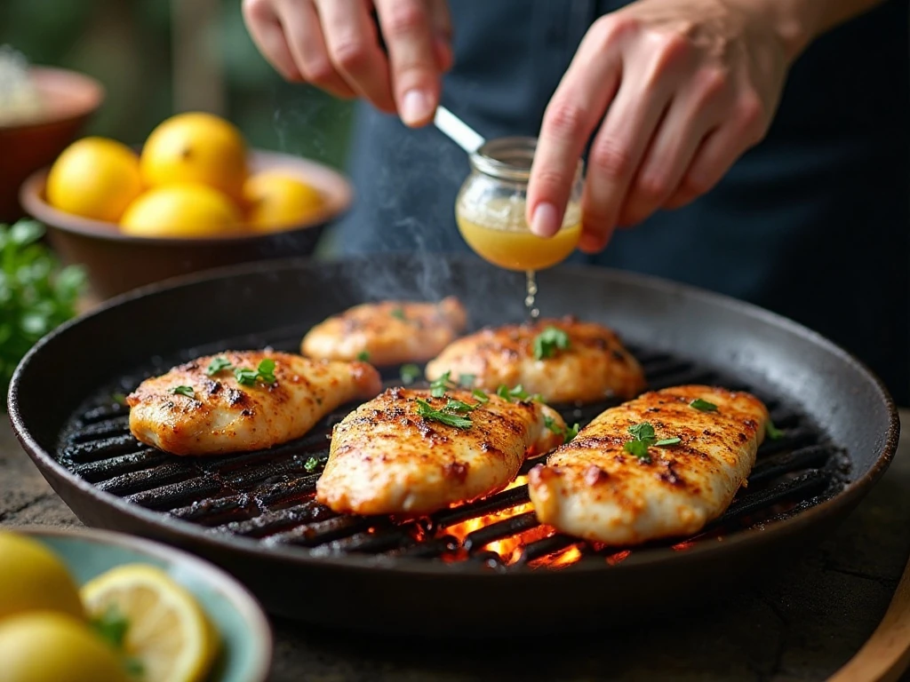Marinated chicken being placed on a hot grill