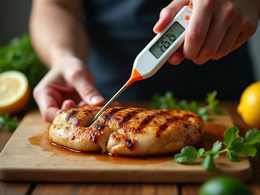 Checking grilled chicken temperature with an instant-read thermometer