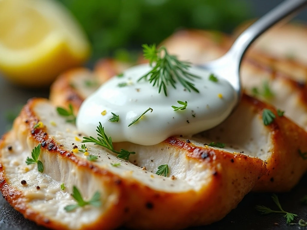 Dill yogurt sauce garnished with fresh dill over grilled chicken