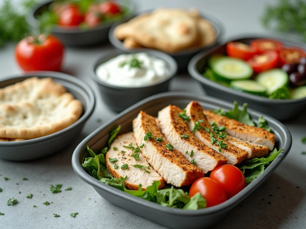Mediterranean grilled chicken meal prep with dill yogurt sauce