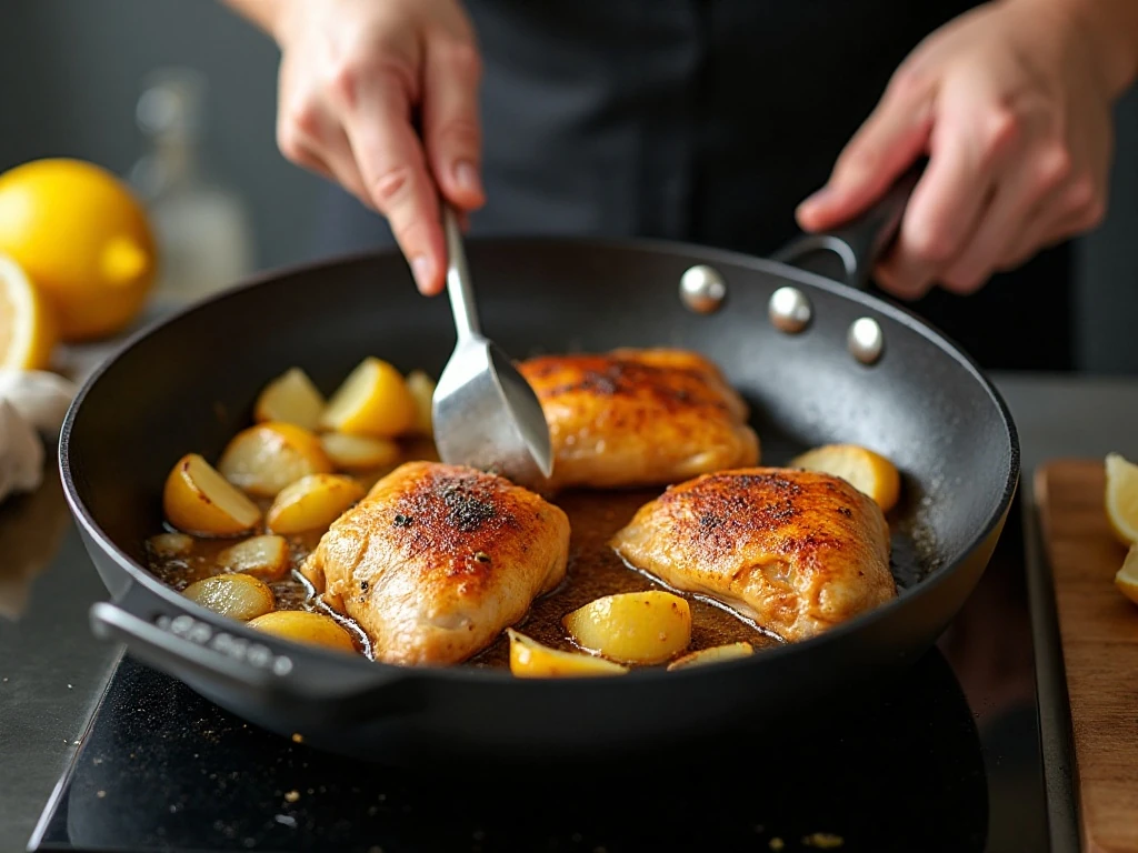 Chicken thighs searing with potatoes and onions in an ovenproof skillet