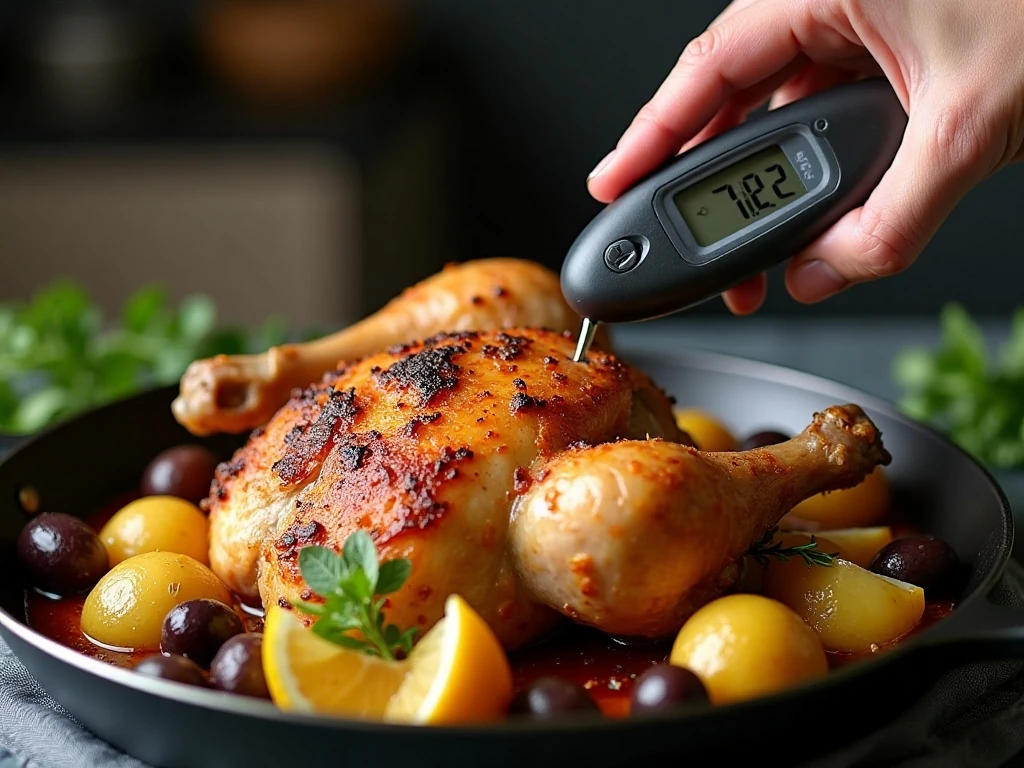 Checking Mediterranean roasted chicken for doneness with a thermometer