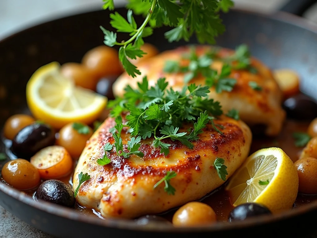 Parsley garnish on lemon chicken with olives and potatoes