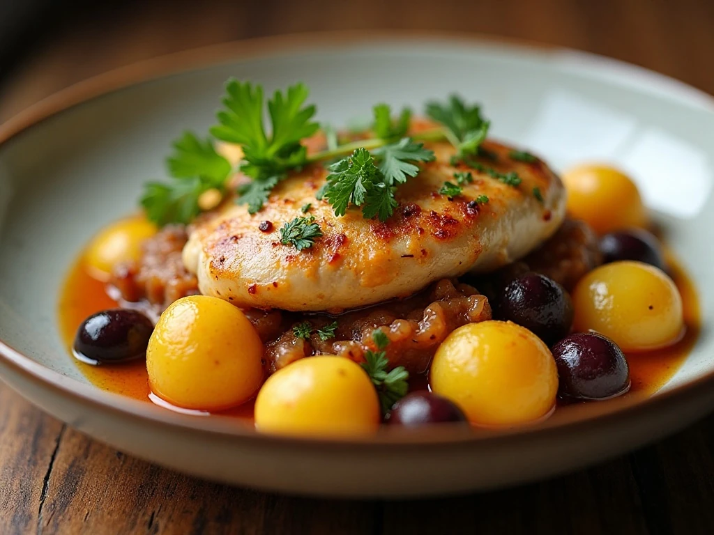Reheated Mediterranean lemon chicken with potatoes and olives